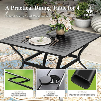 HERA'S HOUSE Patio Table and Chairs for 4, 5 Pieces Outdoor Deck Dining Furniture Sets, Square Metal Dining Table Set with Chairs for Lawn Garden Backyard, Blue