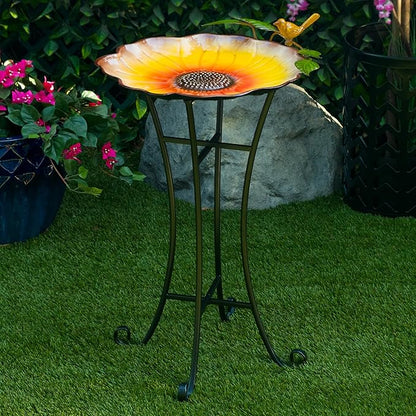 Alpine Corporation ORS882 Outdoor Metal Birdbath w/ Stylish Stand, Sunflower Birdbath Bowl and Stand Set, 29"H, Yellow/Green