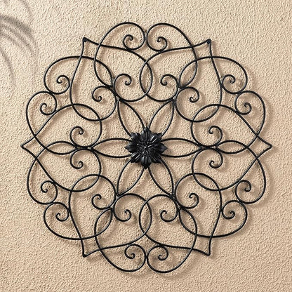Glitzhome Black Metal Wall Art Decor, 23”H Floral Iron Wall Decor with Ornamental Scroll Design, Indoor Outdoor Wall Accent for Garden Porch Patio