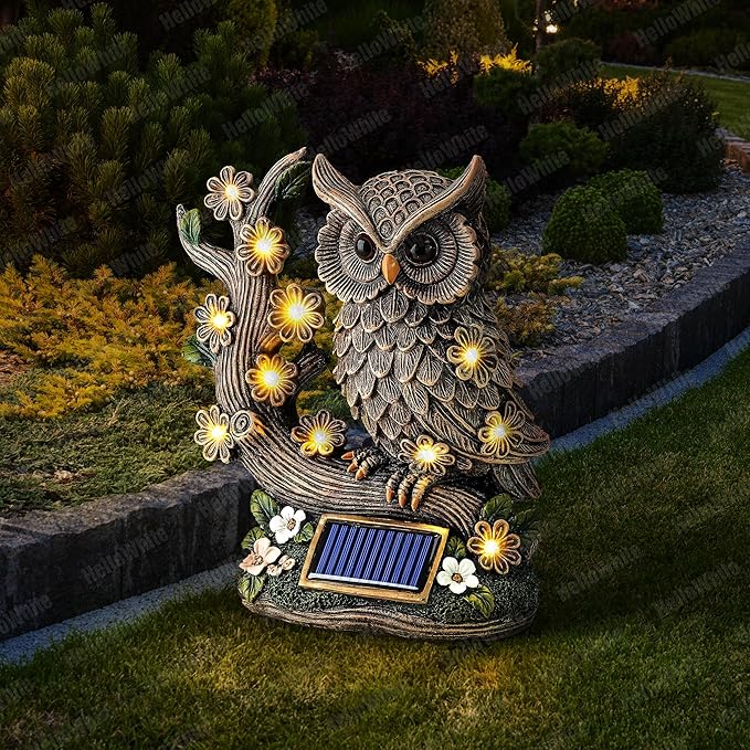 Solar Statue Owl with LED Lights – Outdoor Garden Decor for Outside, Yard Art Figurine for Lawn Decorations, Resin Owl Garden Statues for Patio & Pathway Decor