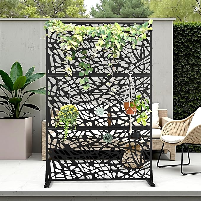 Metal Privacy Screen Outdoor Privacy Screen, Freestanding Fence Panel for Outside, 72''H×47''W, Decorative Screen Panel for Backyard/Patio/Deck