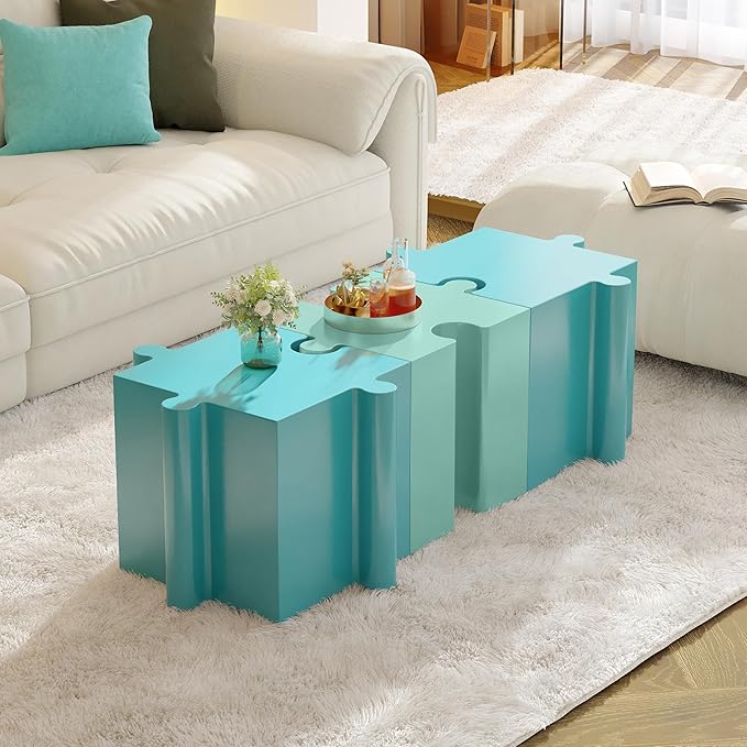 Christopher Knight Home Daton Interlocking Puzzle Outdoor Side Table, Lightweight Concrete Patio Coffee Table, Convex Edge MGO Modular End Table, Creative Set Up for Indoor&Outdoor Use, Sky Blue