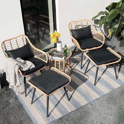 JOIVI 5 Piece Wicker Patio Furniture Set, Rattan Outdoor Bistro Set with 2 Ottomans and Coffee Side Table, Small Patio Conversation Set for Balcony, Front Porch, Garden, Backyard, Black