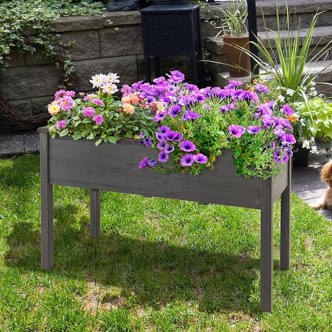 COSTWAY Raised Garden Bed, Elevated Wood Planter Box Stand with Legs for Vegetables, Flowers & Herbs, Standing Growing Bed for Backyard, Patio, Balcony, 48”L x 22”W x 30”H (Gray)