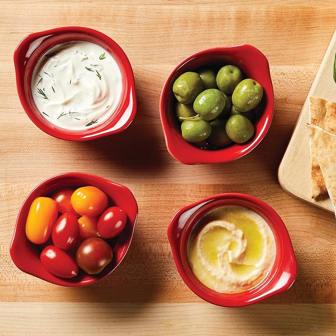 Rachael Ray Solid Glaze Ceramics Round Ramekins/Dipping Cup Set, 4 Piece, Red