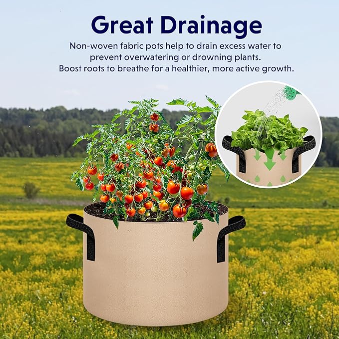 iPower 5-Pack 7 Gallon Plant Grow Bags Thickened Nonwoven Aeration Fabric Pots Heavy Duty Durable Container, Strap Handles for Garden, Tan New