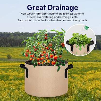 iPower 5-Pack 7 Gallon Plant Grow Bags Thickened Nonwoven Aeration Fabric Pots Heavy Duty Durable Container, Strap Handles for Garden, Tan New