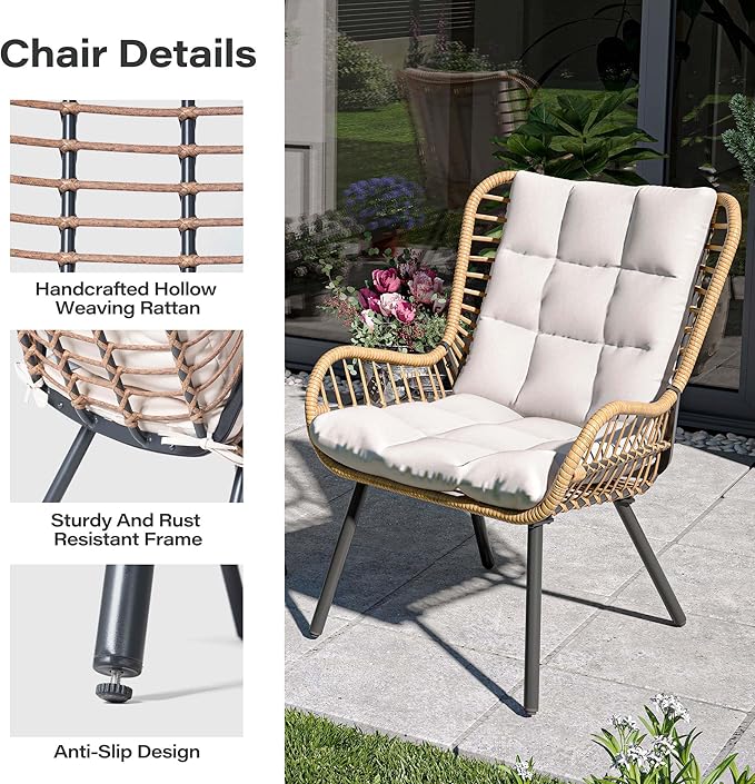 LAUSAINT HOME 3 Piece Outdoor Bistro Set, Small Patio Furniture Set with Coffee Table and Thick Cushions, Front Porch Furniture for Lawn, Garden, Balcony, Poolside, White