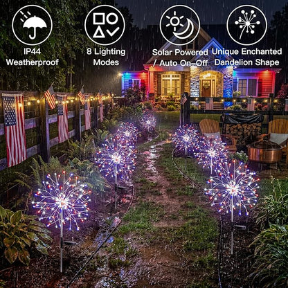 suddus 4th of July Decorations Solar Garden Lights, Upgrade 2Pack 150LED Red White Blue Solar Firework Lights with 8 Modes Outdoor, Starburst Fairy Lights Waterproof Yard for Independence Day Decor