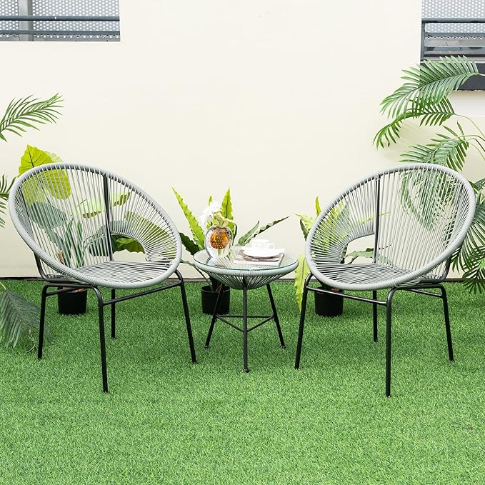 COSTWAY 3-Piece Outdoor Acapulco Chair Set, Wicker Conversation Bistro Sets with Plastic Rope, Glass Top Table, Patio Rattan Furniture Set for Garden, Balcony, Lawn, Backyard, Apartment, Grey