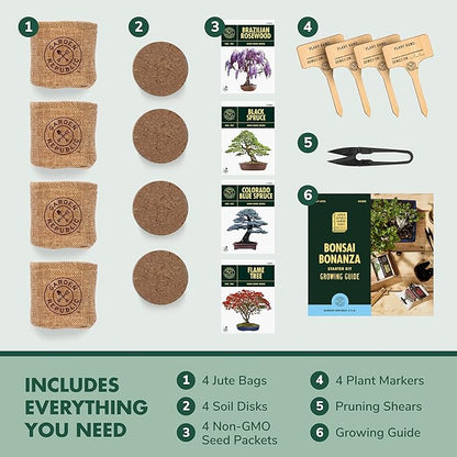 Garden Republic Bonsai Tree Kit - Mini Bonsai Seeds, 4 Types - Seed Starter Plant Growing Kit - Potting Soil Jute Bags Pruning Shears Tool and Plant Markers