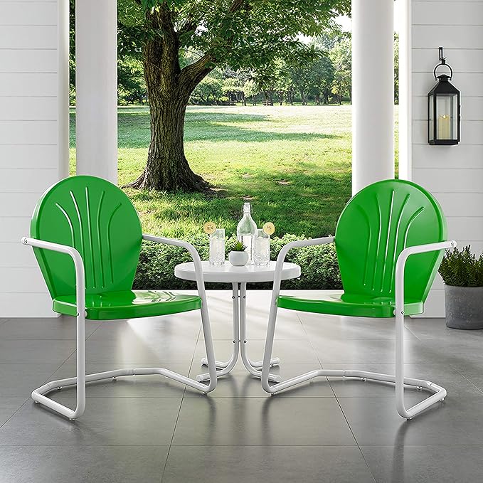 Crosley Furniture Griffith 3-Piece Outdoor Chair and Side Table Set, Retro Metal Bistro Patio Sets for Porch, Grasshopper Green