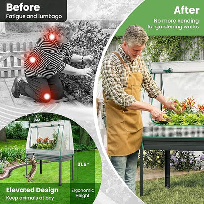 Giantex 3-in-1 Raised Garden Bed with Greenhouse Cover & Trellis Rope, Galvanized Metal Elevated Planter Box w/ Legs, Drainage Holes, 46”x23.5”x59” Raised Bed for Flower Herb Vegetable, Easy Assembly