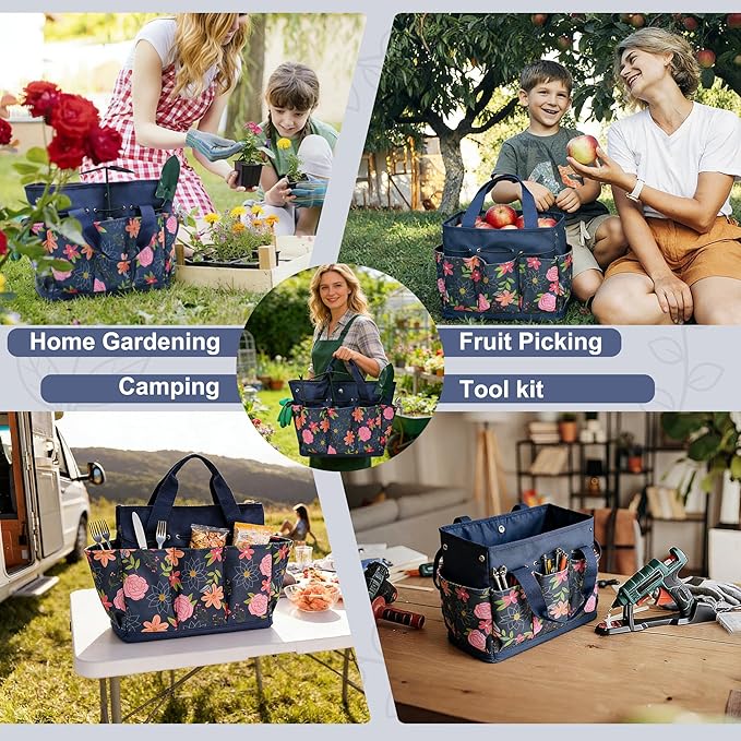 Waterproof Garden Tool Bag, 600D Oxford Portable Gardening Tote with Handle & Multi Pockets, Ideal Gifts for Parents Women (Blue, Tools Not Included)