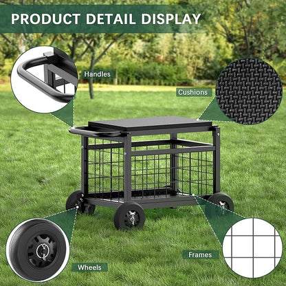 FLINTER Rolling Garden Work Seat with Wheels, Heavy Duty Garden Cart with Seat - Metal Rolling Garden Stool, Upgraded Gardening Cart for Seniors, Outdoor Wagon for Lawn, Patio Gardening, Black
