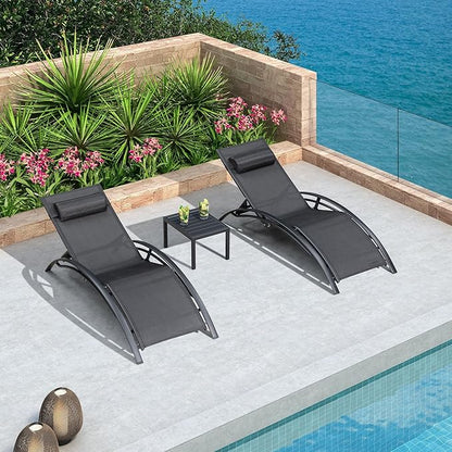 PURPLE LEAF Patio Chaise Lounge Set of 3 Outdoor Lounge Chair Beach Pool Sunbathing Lawn Lounger Recliner Chiar Outside Tanning Chairs with Arm for All Weather, Side Table Included, Black
