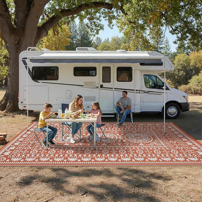 Garvee Reversible Outdoor Rug 9x18 for Patio, Waterproof Outdoor Area Rug, Modern Medallion Indoor Outdoor Rugs, Plastic Straw Rug for RV, Camping, Deck, Vintage Terracotta
