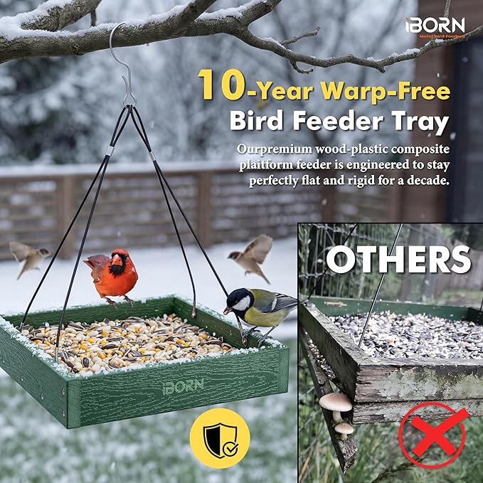 iBorn Platform Bird Feeder Tray Bird Feeders for Outdoors Hanging for Outside Flat Birdfeeder Tray with Large Capacity 3LBS, WPC Recycled Plastic & Cedar Look, Waterproof, 10.6"x10.6", Green