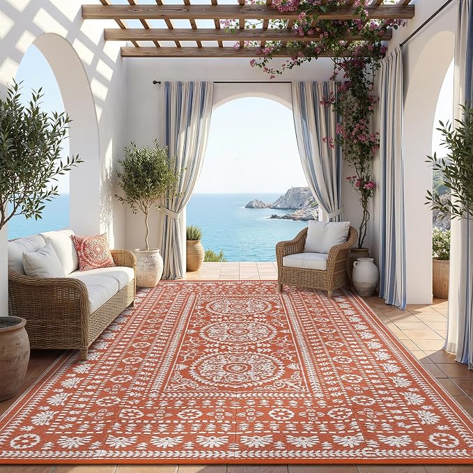 Garvee Reversible Outdoor Rug 5x8 for Patio, Waterproof Outdoor Area Rug, Boho Medallion Indoor Outdoor Carpet for Porch, Plastic Straw Rug for RV, Camping, Deck, Vintage Terracotta