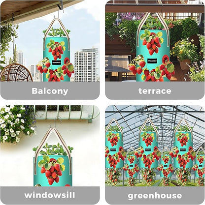 3 Pack 3 Gallon Hanging Strawberry Planter Bags, 12 Holes PE Grow Bags with Bottom Drainage, Reusable Vertical Planters for Small Space Gardening(Green)