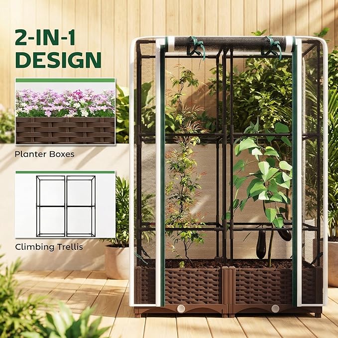 Outsunny Raised Garden Bed with Trellis, 46.5" Tomato Cage with Crop Cage, Self Watering Planter Box with Drainage Holes and Plugs for Outdoor Patio Climbing Plants, Vines, Vegetables, Flowers, White