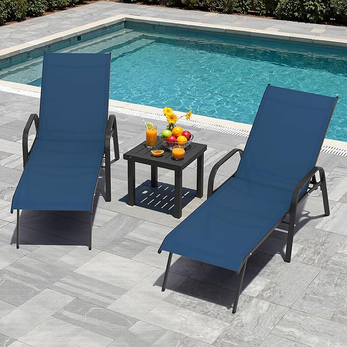 Crestlive Products Chaise Lounge Chair Outdoor with Armrests, Pool Lounge Chairs Set of 2,Adjustable 5 Positions Metal Sun Tanning Lounger for Patio, Poolside, Yard, Deck, Backyard (Navy)