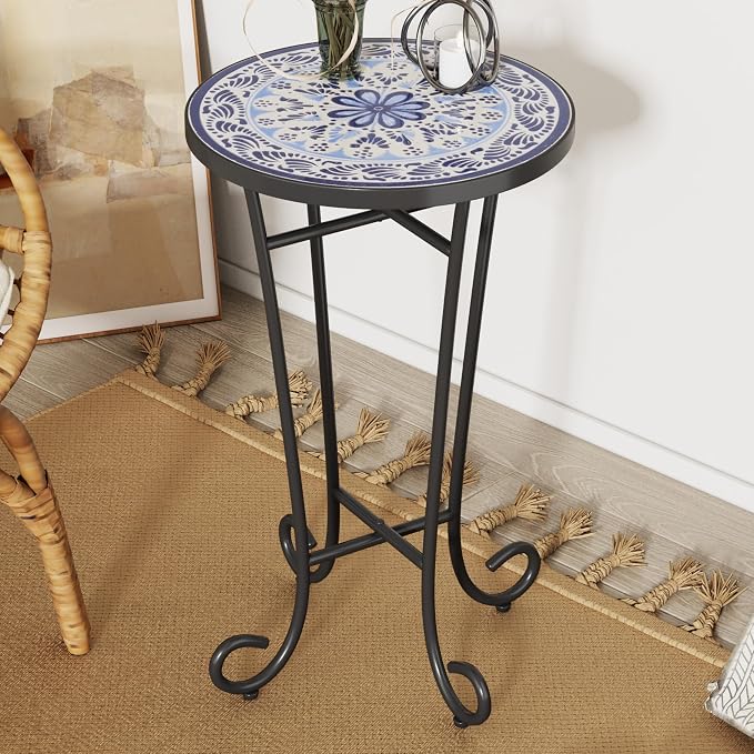 Merax Patio Side Table for Small Space, 23" Height Metal Outdoor Indoor Round Side Table, French Country Style, Small End Table for Patio Yard Porch Balcony Garden Bedside Plant Stand, Brown+Black