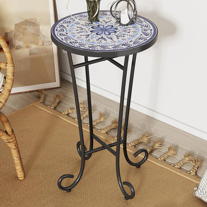 Merax Patio Side Table for Small Space, 23" Height Metal Outdoor Indoor Round Side Table, French Country Style, Small End Table for Patio Yard Porch Balcony Garden Bedside Plant Stand, Brown+Black