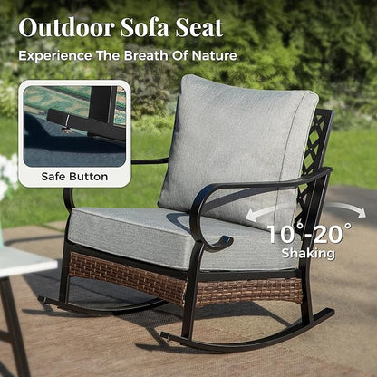Patio Furniture Set with Firepit Table, Black Frame Outdoor Conversation Set with 2 x Rocking Chairs, 1 x 3-Seat Sofa for Lawn Garden Backyard, Grey