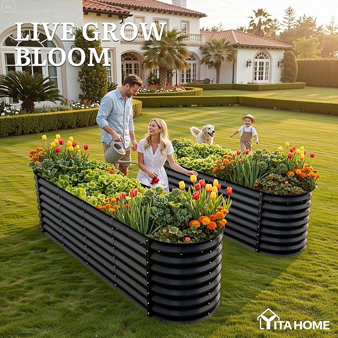 YITAHOME 8x2x2ft Large Raised Garden Bed Kit, 24" Tall 9 in 1Galvanized Metal Planter Box with Gloves and Safety Rubber, Outdoor Above Ground Planters for Plants Vegetables Flowers, Black