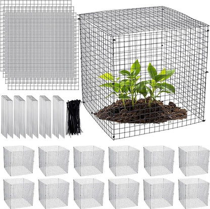 Zubebe 14 Pack Small Wire Plant Protectors Square Plant Protectors from Animals Mesh Cage Chicken Wire Cloche for Shrubs and Vegetables with Ground Stakes and Nylon Ties (12 x 12 Inch)