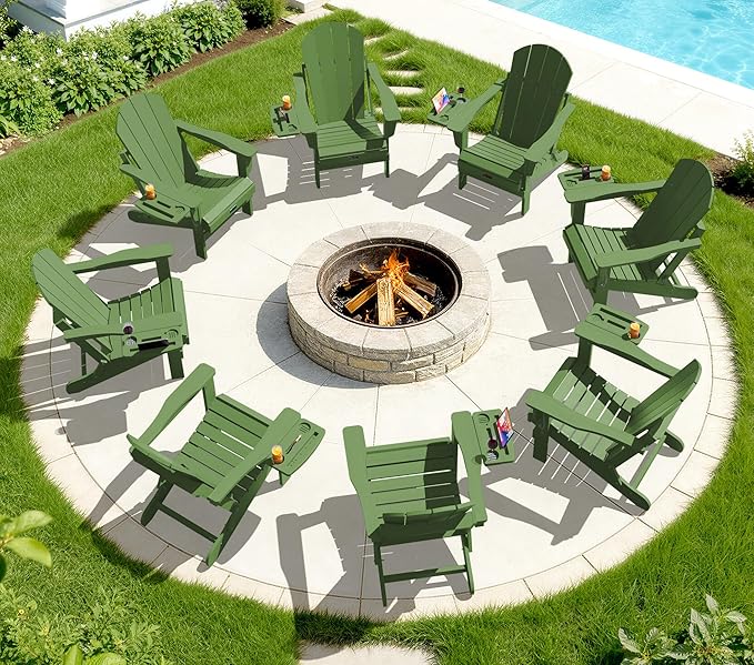 SERWALL Folding Adirondack Chair, Paito Adirondack Chairs with 4-in-1 Multi-Functional Cup Holder, Outdoor Chairs, All Weather Fire Pit Chair for Garden, Poolside, Backyard, Lawn - Army
