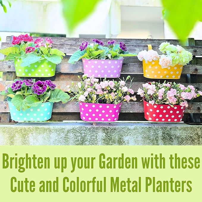LaLaGreen Outdoor Hanging Planter (11.2 Inch, 6 Pack) Light Purple, Green, Yellow, Cadet Blue, Dark Pink, Red Metal Iron Colorful Window Boxes Polka Dot Flower Pot Deck Railings Fence Rail Porch Decor
