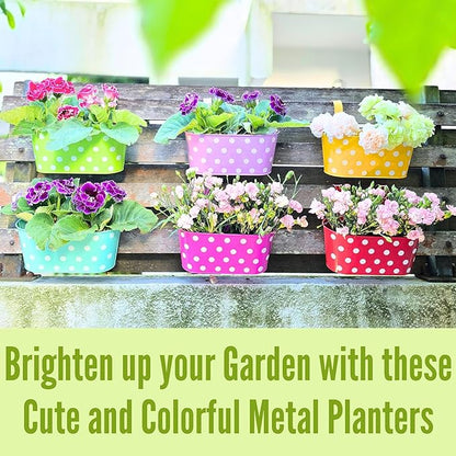 LaLaGreen Outdoor Hanging Planter (11.2 Inch, 6 Pack) Light Purple, Green, Yellow, Cadet Blue, Dark Pink, Red Metal Iron Colorful Window Boxes Polka Dot Flower Pot Deck Railings Fence Rail Porch Decor