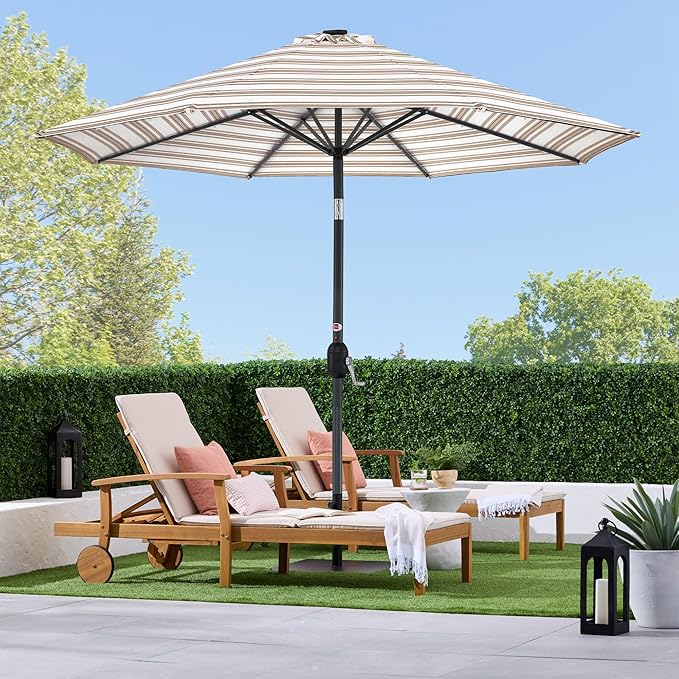 Best Choice Products 10ft Solar Polyester LED Lighted Patio Umbrella w/Tilt Adjustment and UV-Resistant Fabric - Striped Tan