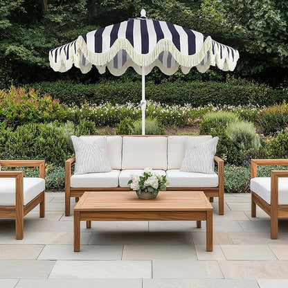 JONATHAN Y UMB1001 Collins 9 ft. Classic Cottage Tassel Market Patio Umbrella with Auto-Tilt, Crank, Wind Vent and UV Protection