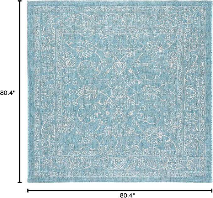 SAFAVIEH Washable Rug Outdoor Courtyard Collection - 6'7" Square, Aqua Blue & Grey, Non-Shedding & Easy Cleaning, Ideal for Patio, Backyard, Mudroom (CY8680-37121)