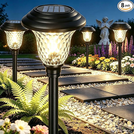 BEAU JARDIN 8 Pack Solar Pathway Lights White+Color Changing Stainless Steel 3 Mode Outdoor Multicolor Metal Solar Powered Waterproof Glass for Garden Landscape Path Yard Walkway Driveway Black