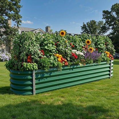 YITAHOME 8x2x1.5ft Large Raised Garden Bed Kit, 17" Tall 9 in 1 Galvanized Metal Planter Box with Gloves & Safety Rubber, Outdoor Above Ground Planters for Plants Vegetables Flowers, Green