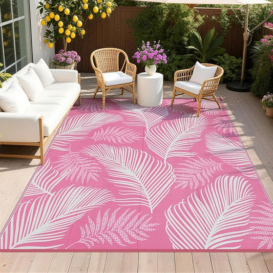 Pauwer Waterproof Outdoor Rug 8x10, Reversible Plastic Straw Patio Camping Rug, Indoor Outdoor RV Mat Carpet for Deck, Camper, Porch, Balcony, Backyard, Picnic, Leaf Pink