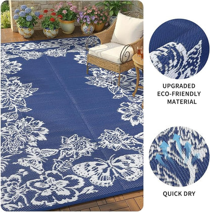 Garvee Outdoor Rugs 9' x 12’ Waterproof Reversible Mats, Large Area Plastic Straw Rug, Outside Carpet, Butterfly Floral Rv Mat for Patio Camping Picnic Backyard Deck Balcony Porch Beach Trailer