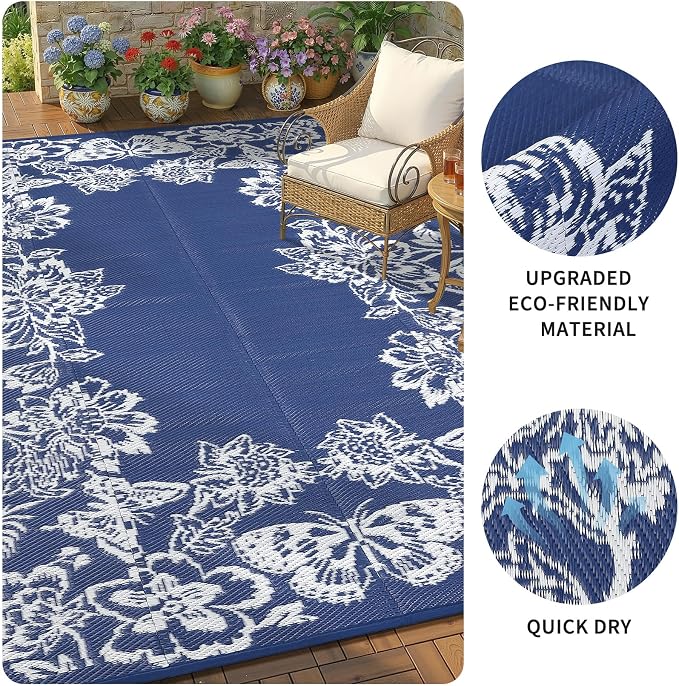 Garvee Outdoor Rugs 8’x10’ Waterproof Reversible Mats, Large Area Plastic Straw Rug, Outside Carpet, Butterfly Floral Rv Mat for Patio Camping Picnic Backyard Deck Balcony Porch Beach Trailer