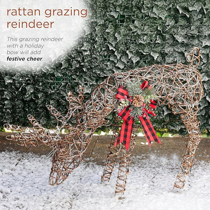 Alpine Corporation 27" Tall Rattan Grazing Reindeer with Bow and LED Lights, Indoor/Outdoor Christmas Lawn and Yard Decor, Festive Holiday Decoration