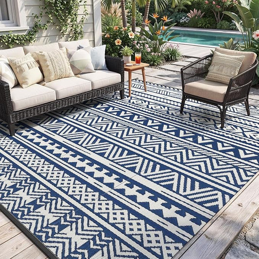 MontVoo Outdoor Rug Carpet Waterproof 6x9 Outdoor Patio Rug Mat Reverisble Plastic Straw Outdoor Rug for RV Camping Picnic Beach Balcony Boho Navy Blue