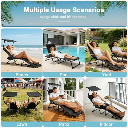 Outdoor Chaise Lounge Chair with 4-Position Adjustable Backrest,Patio Folding Sun Tanning Chair,Pillow & Cup Holder,Portable Recliner Sunbathing Lounger Chairs for Beach Garden (Black with Shade)