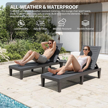 Outdoor Chaise Lounge Chairs Set of 6, 5-Position Adjustable Tanning Lounge Chairs with Wood Texture, All-Weather Resin Patio Lounge Chair for Pool, Garden, Deck, Beach, Striped Black