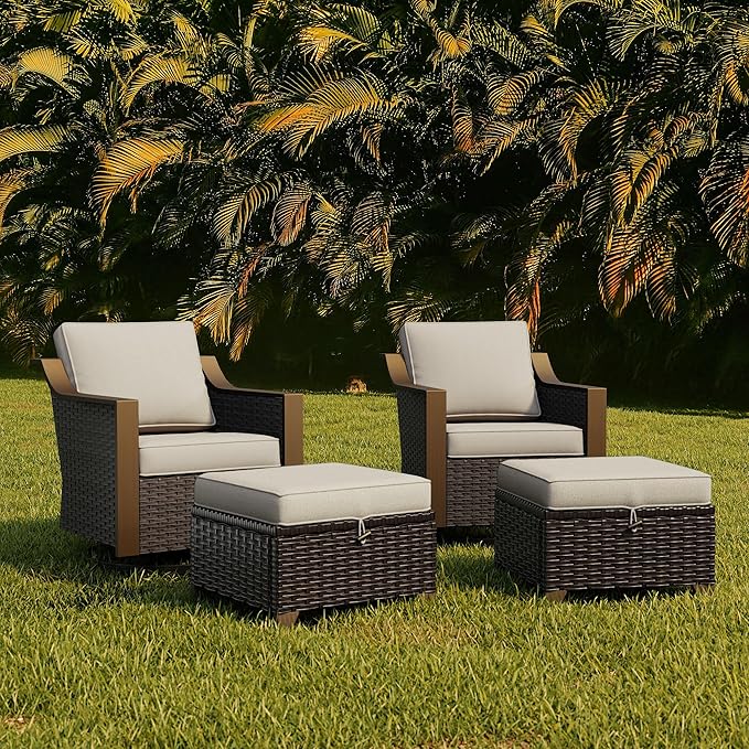 Patio Metal Swivel Chairs with Ottomans Set of 2, Conversation Furniture Set - 360 Degree Glider Rocker Chairs | 2 Wicker Ottomans, Washable Cushions (Beige and Brown Stripe)