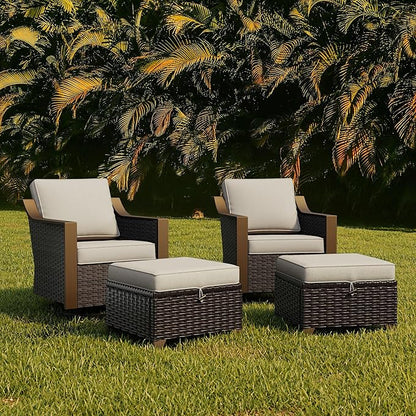 Patio Metal Swivel Chairs with Ottomans Set of 2, Conversation Furniture Set - 360 Degree Glider Rocker Chairs | 2 Wicker Ottomans, Washable Cushions (Beige and Brown Stripe)