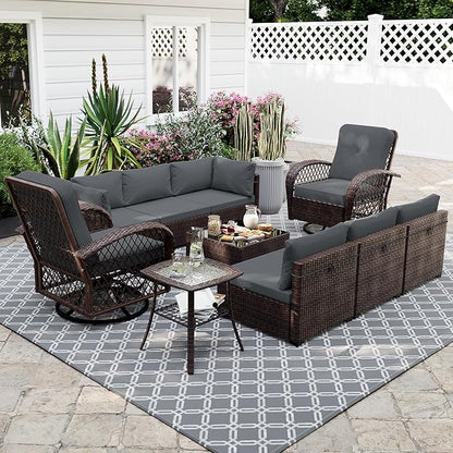 UPHA 10 Pieces Patio Furniture Sets Outdoor Sectional Sofa Wicker Conversation Couch with Bistro Swivel Chair for Decks, Backyards, Gardens, Brown Rattan, Dark Gray Cushion