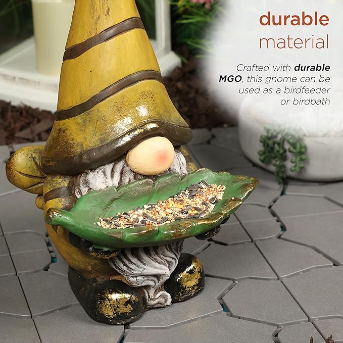 Alpine Corporation MCC854 Vintage Gnome Holding Leaf Bird Feeder with Hat, Playful Decor for Garden & Patio, 19" H, Yellow